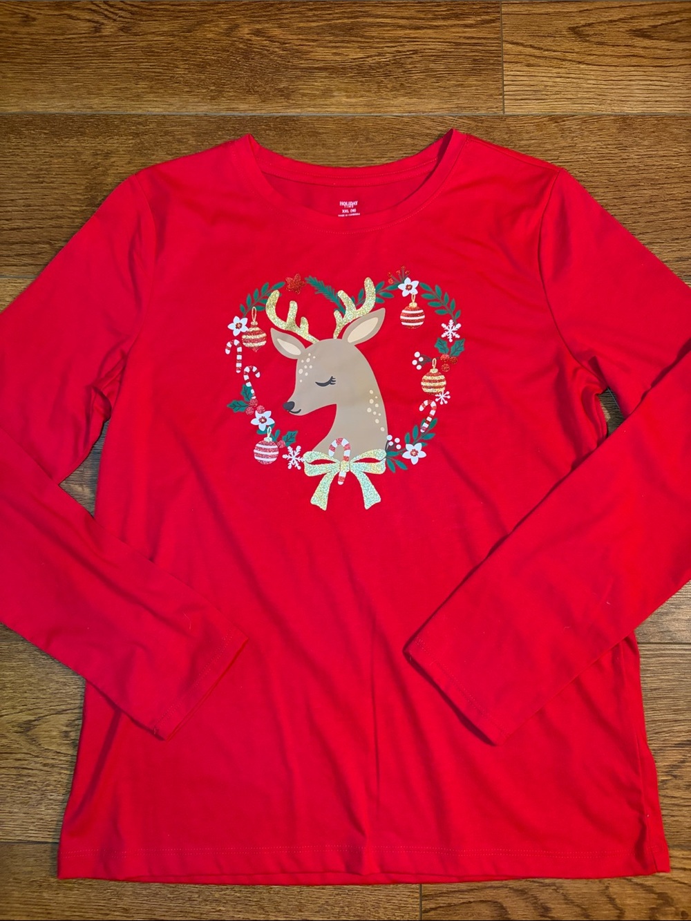 Holiday Time Red Long-Sleeve Tee with Gold Reindeer Wreath